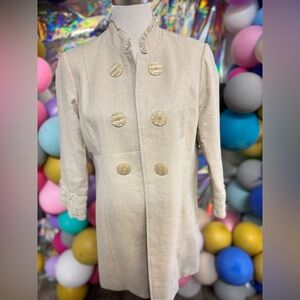 Vintage Multiples Linen Blend Double Breasted Coat Ruffle Collar Medium  Jacket